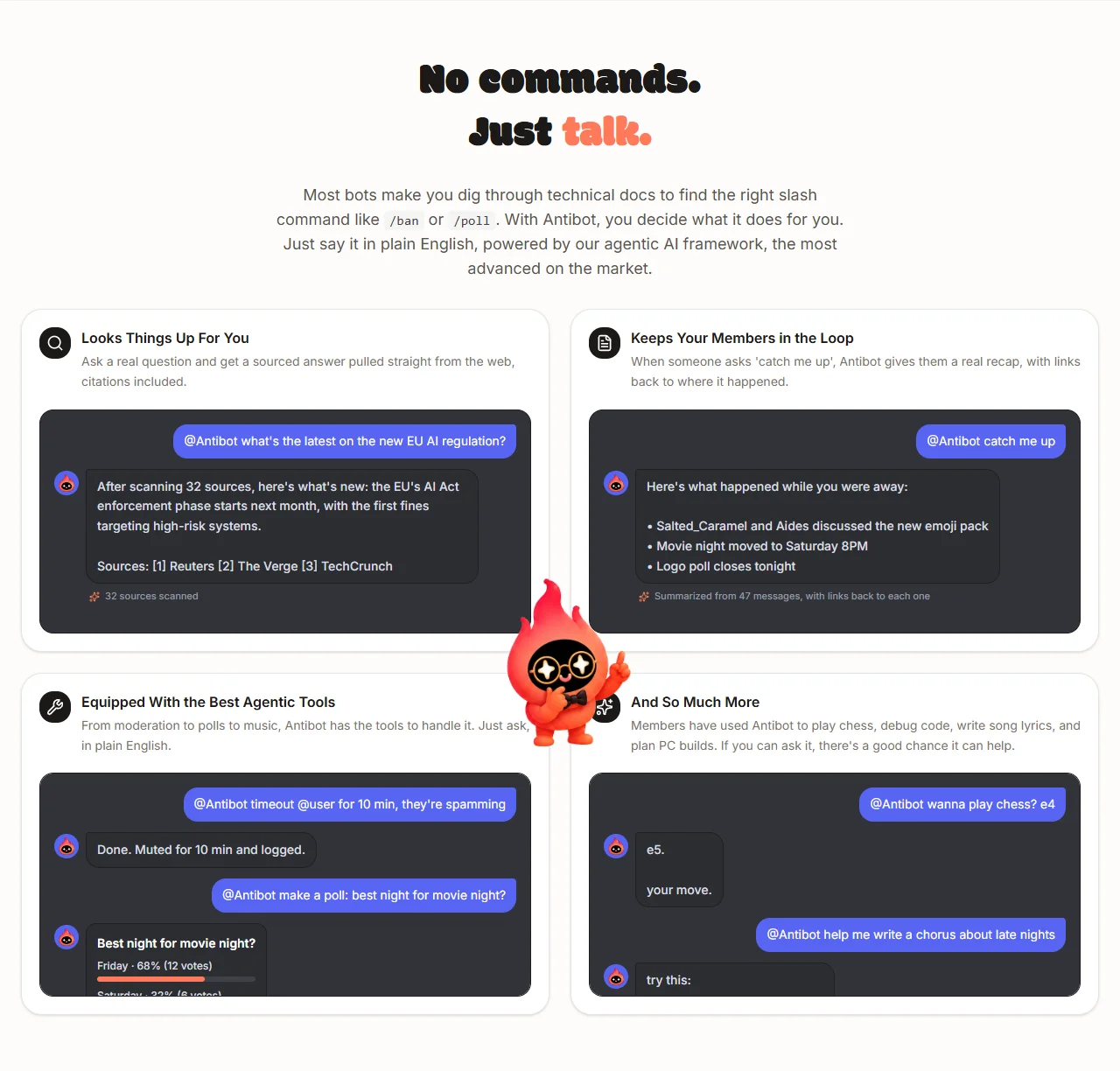 Antibot answering plain-English requests in Discord: a sourced web lookup, a catch-me-up recap, a timeout, a poll and a chess move
