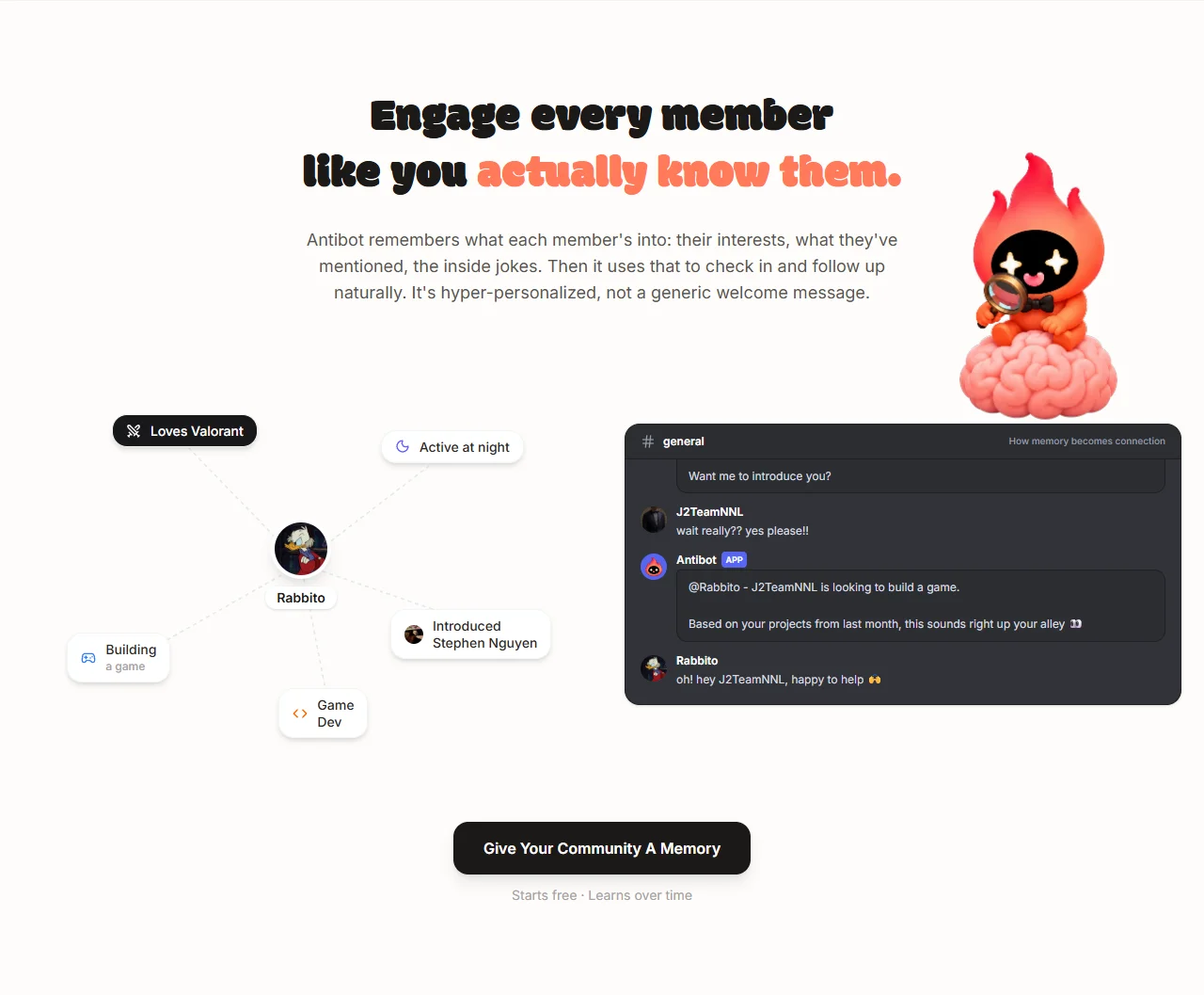 Antibot member memory map linking a member to interests such as Valorant and game dev, and Antibot introducing two members who share an interest