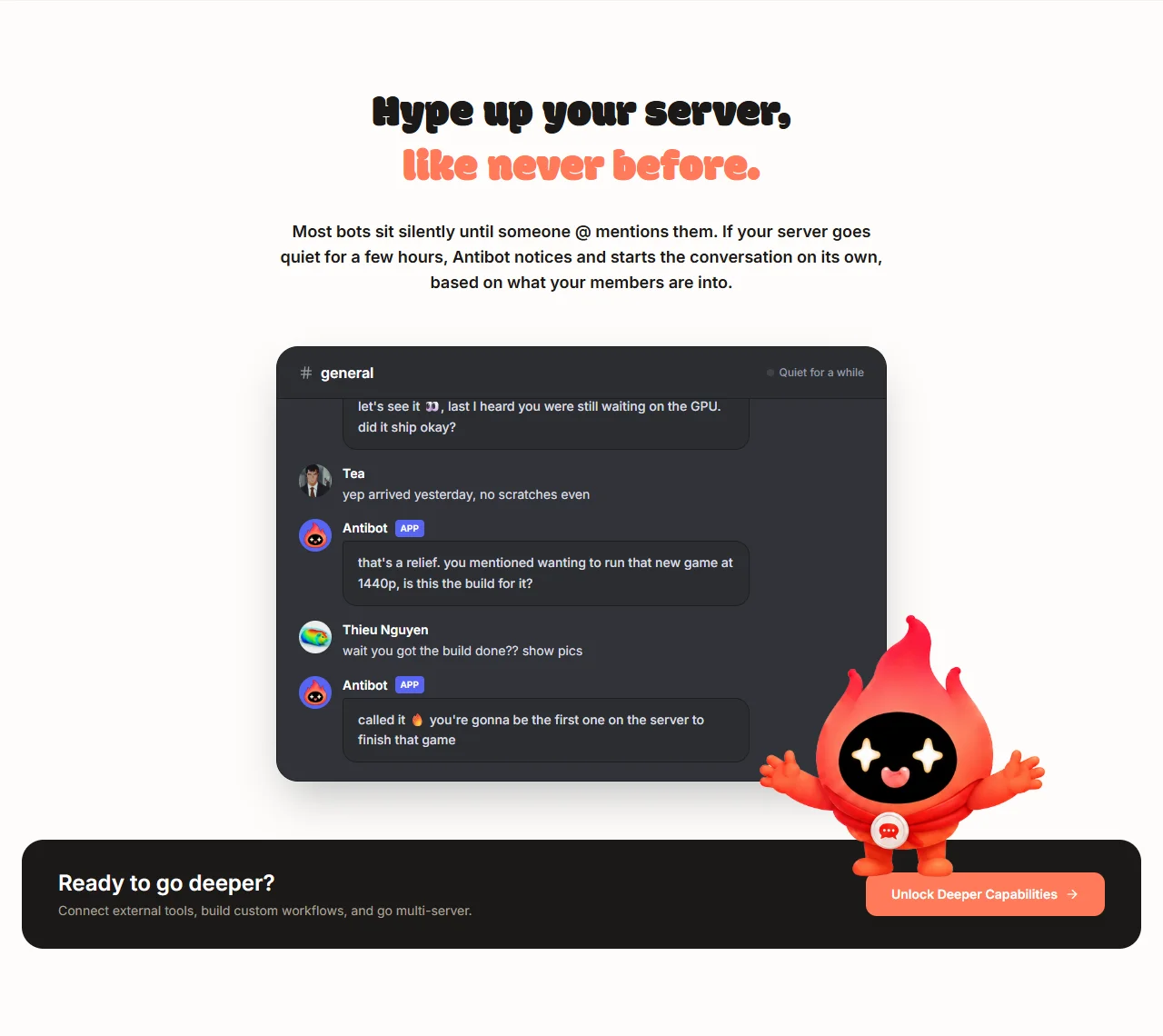 Antibot restarting a quiet #general channel by following up on a member's new PC build