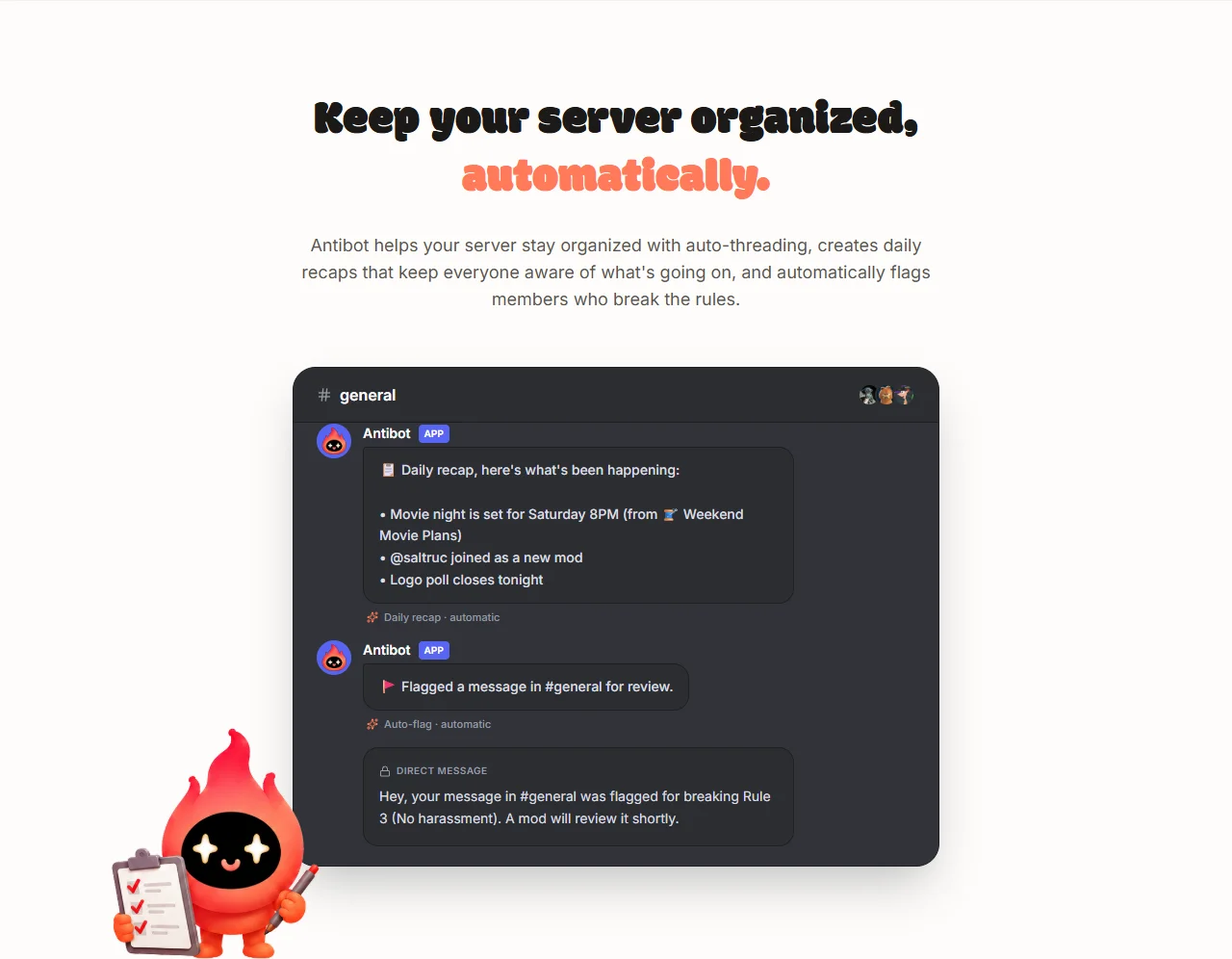 Antibot posting an automatic daily recap, flagging a message for review and sending the member a direct message about the rule