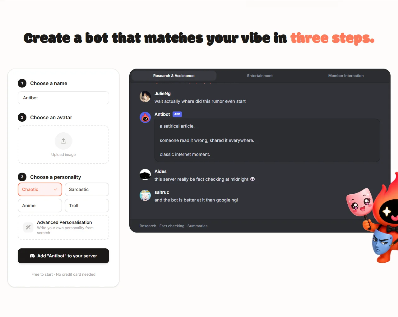 Antibot setup: choose a name, an avatar and a personality preset such as Chaotic, Sarcastic, Anime or Troll, or write one with Advanced Personalisation