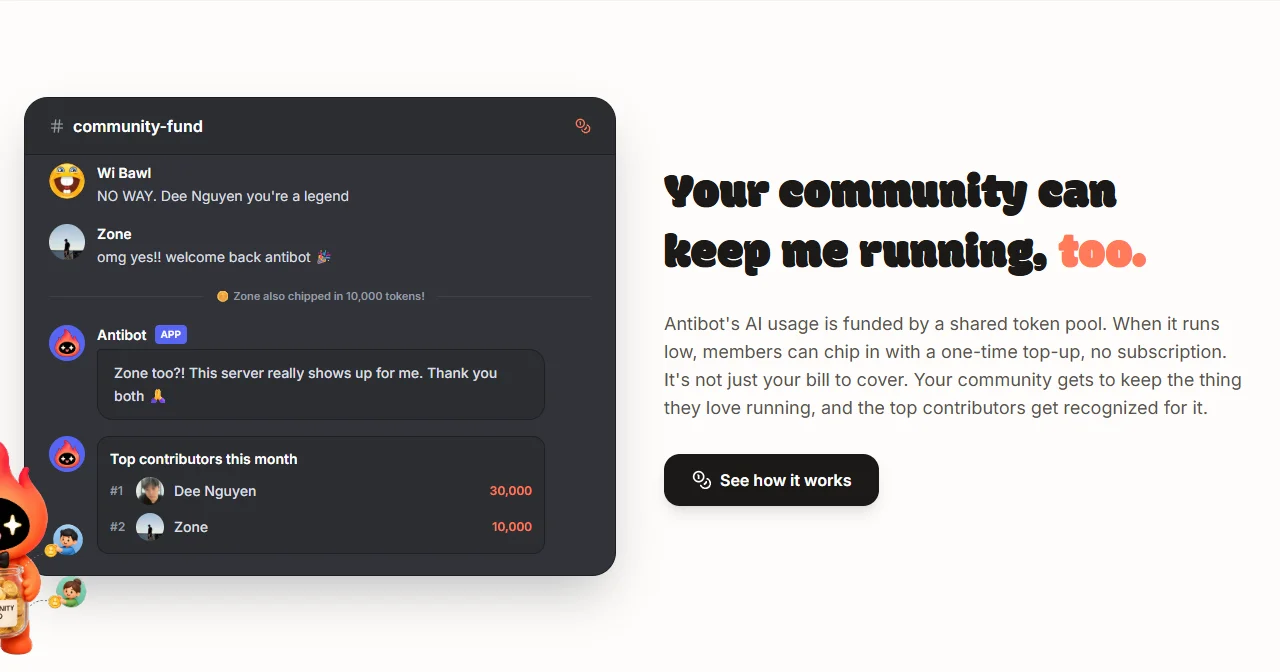 Members topping up Antibot's shared token pool in a #community-fund channel, with a top contributors leaderboard