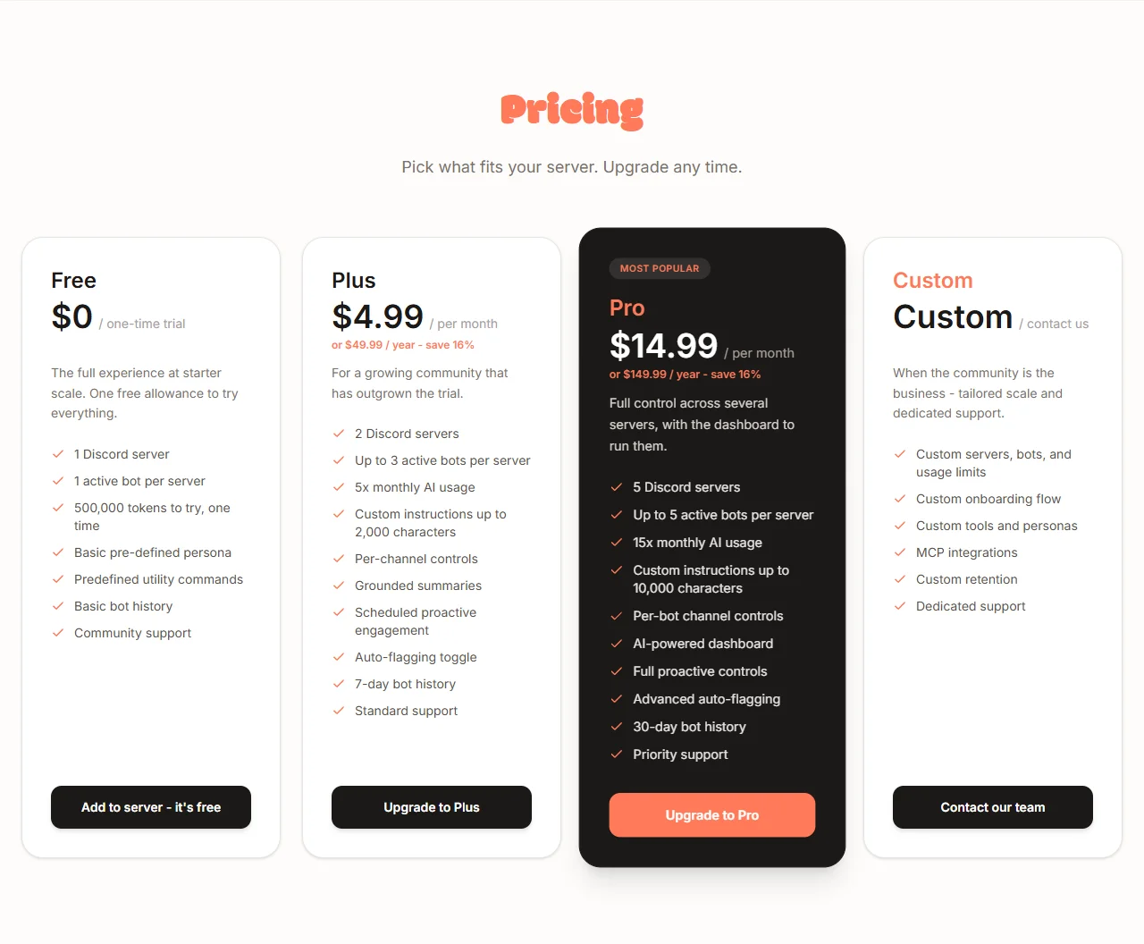 Antibot pricing cards for the Free, Plus, Pro and Custom plans
